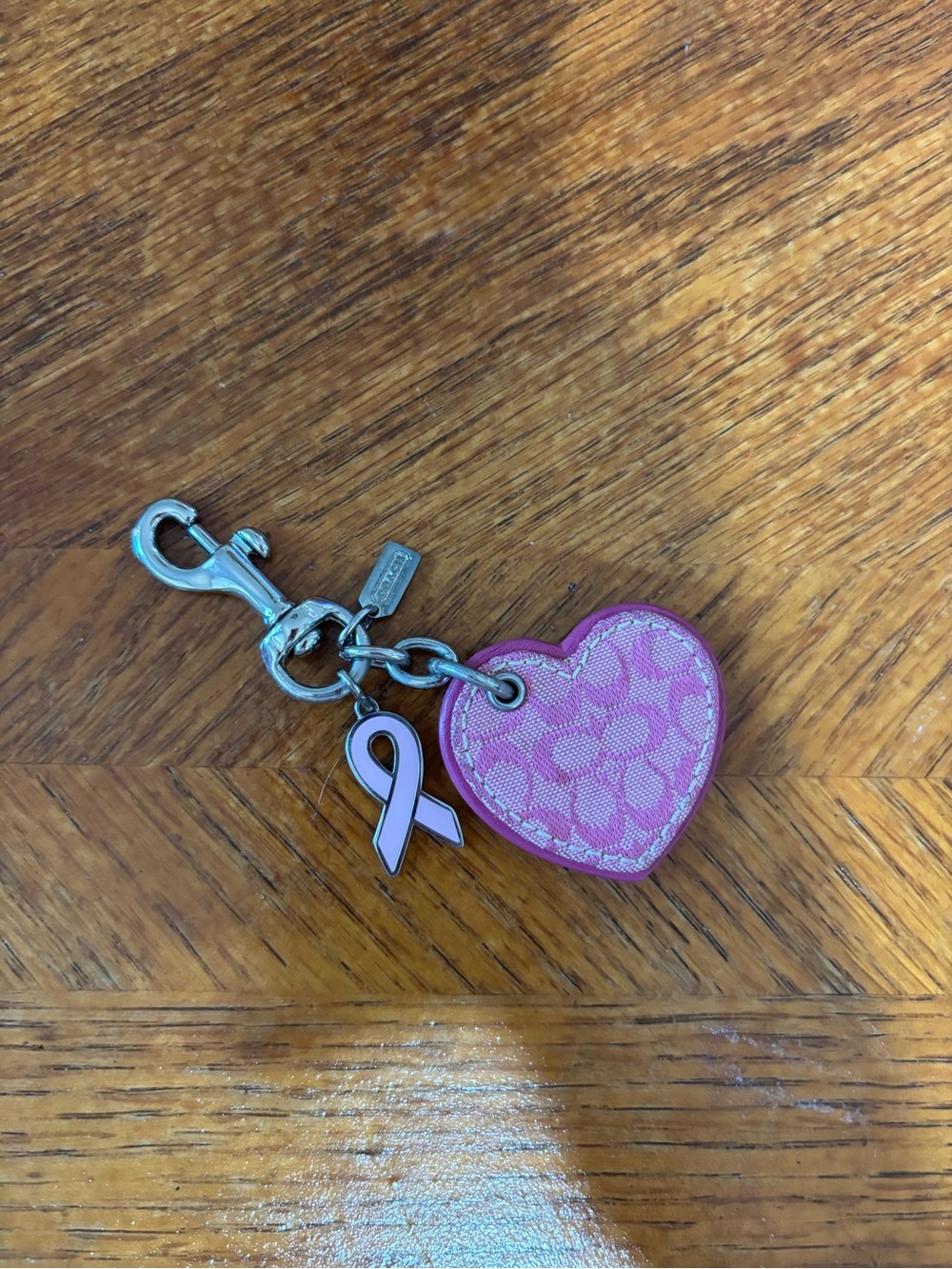 Coach Pink Heart Monogram Keychain Charm with Breast Cancer Ribbon Accent